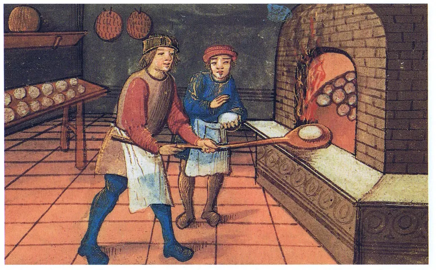 a man and woman cooking in a medieval kitchen